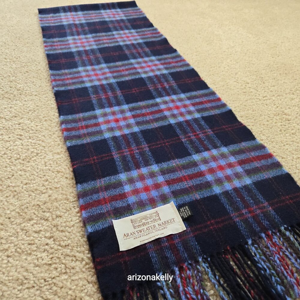 Aran Sweater Market Extra Fine Merino Wool Blue Plaid Scarf - Picture 9 of 10
